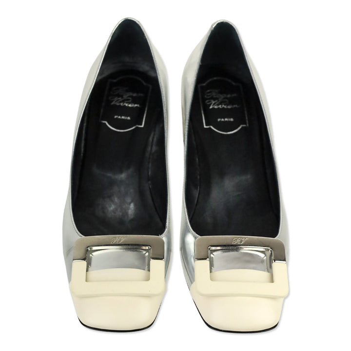 Roger Vivier Metallic Silver Leather White Cap Toe Gommettine Pumps