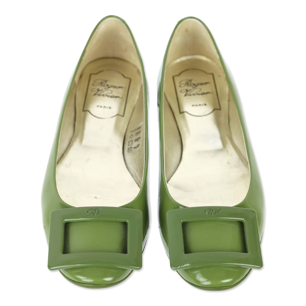 Roger Vivier Olive Green Patent Leather Gommettine Flats