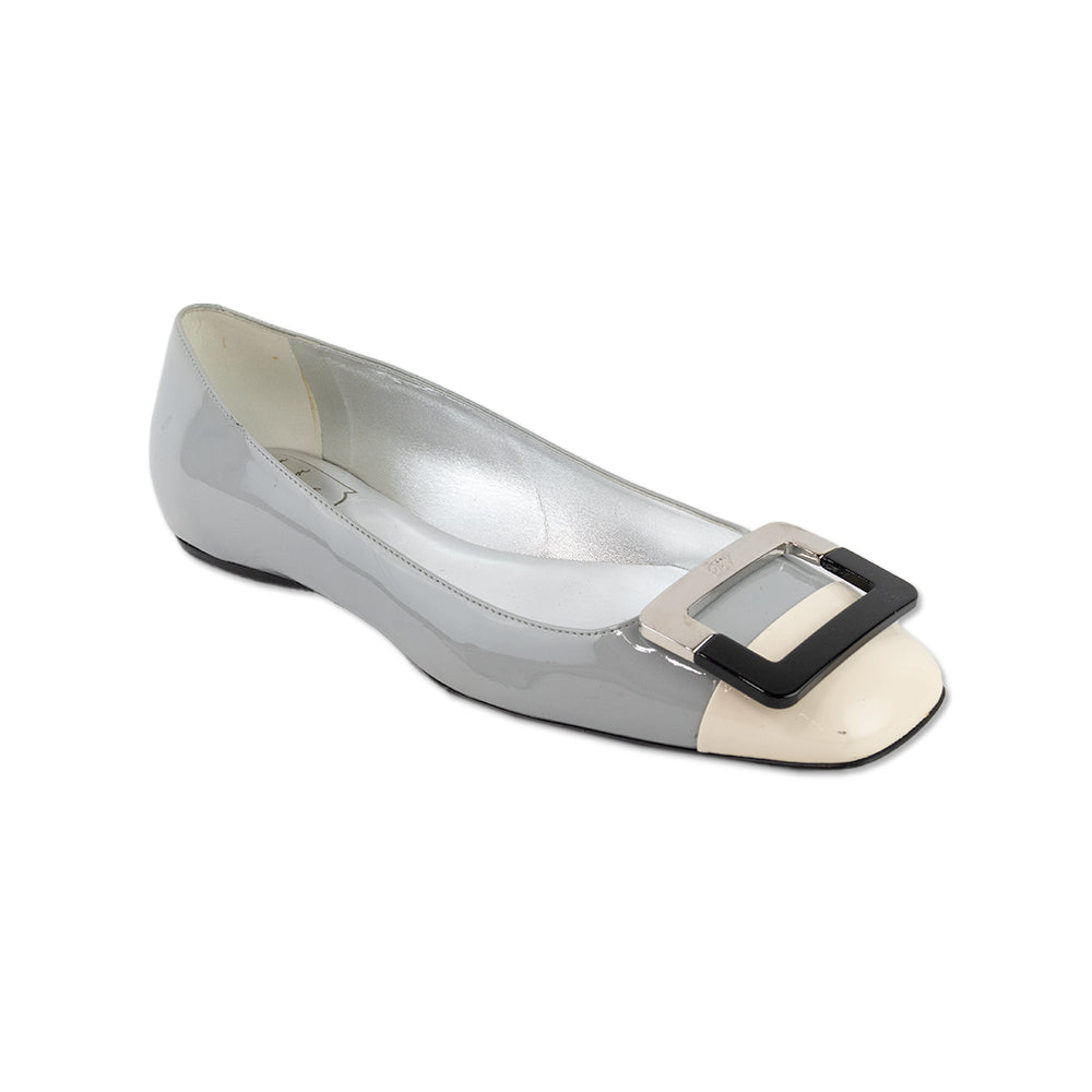 Roger Vivier Patent Leather Blue and White Flats with Square Buckle