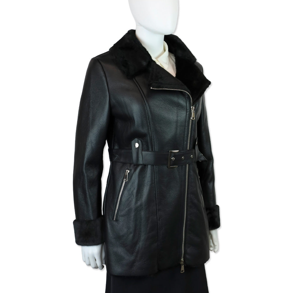 Royal Roland Black Belted Faux Leather Coat