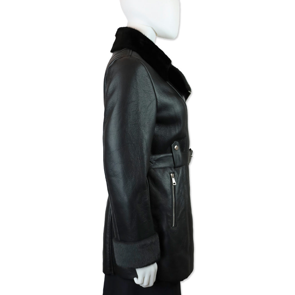 Royal Roland Black Belted Faux Leather Coat