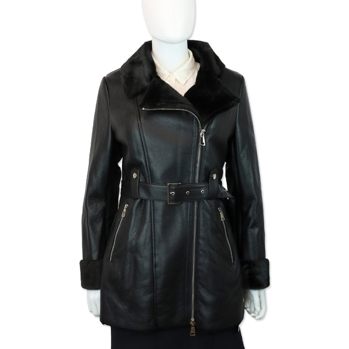 Royal Roland Black Belted Faux Leather Coat