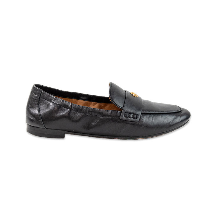 Tory Burch Black and Gold Leather Loafers