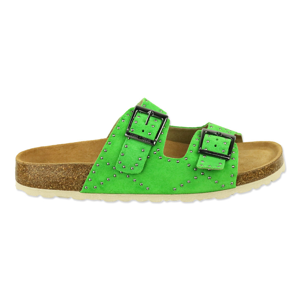 SAINT + SOFIA Green Studded Suede Double-Buckle Sandals