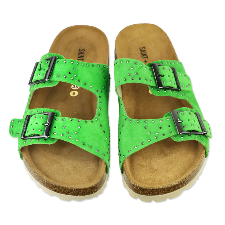 SAINT + SOFIA Green Studded Suede Double-Buckle Sandals