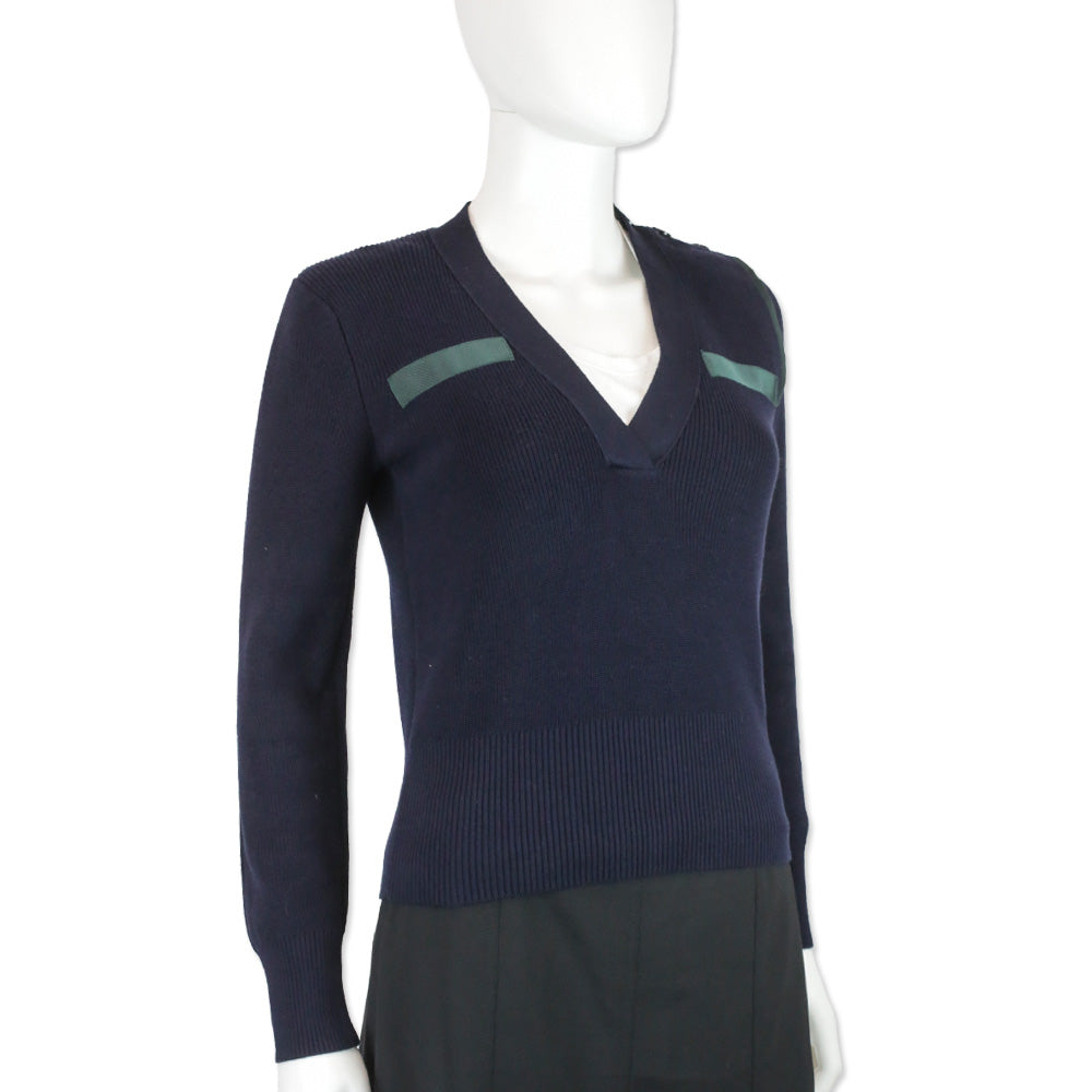 Sacai Navy Cotton Ribbed Knit V-Neck Commando Sweater with Green Ribbon Accents