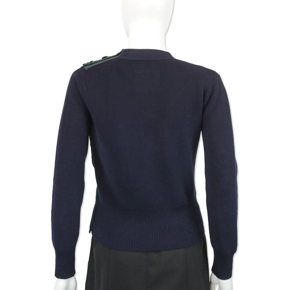 Sacai Navy Cotton Ribbed Knit V-Neck Commando Sweater with Green Ribbon Accents