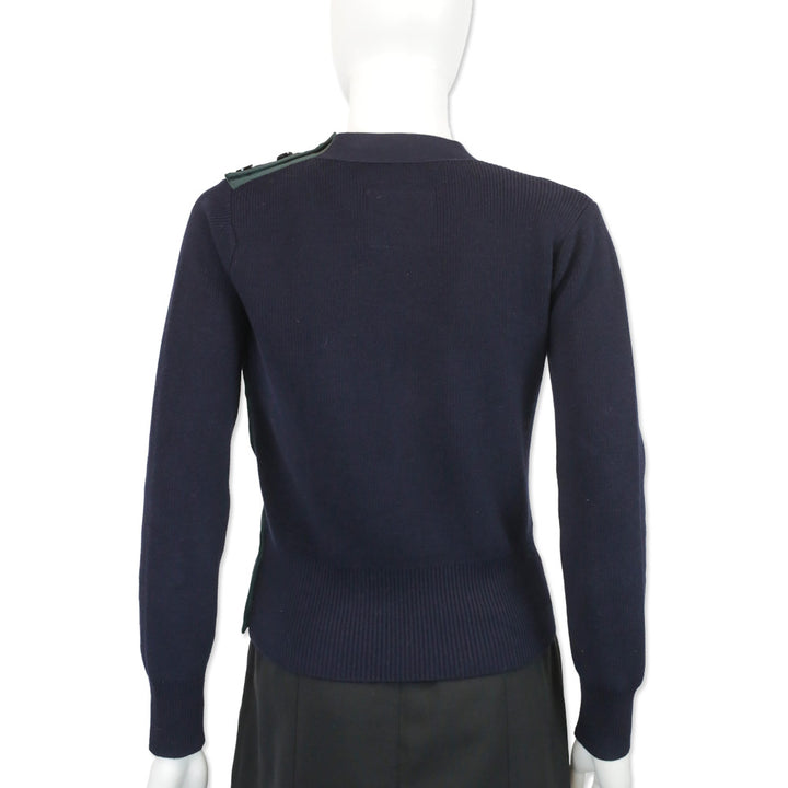 Sacai Navy Cotton Ribbed Knit V-Neck Commando Sweater with Green Ribbon Accents