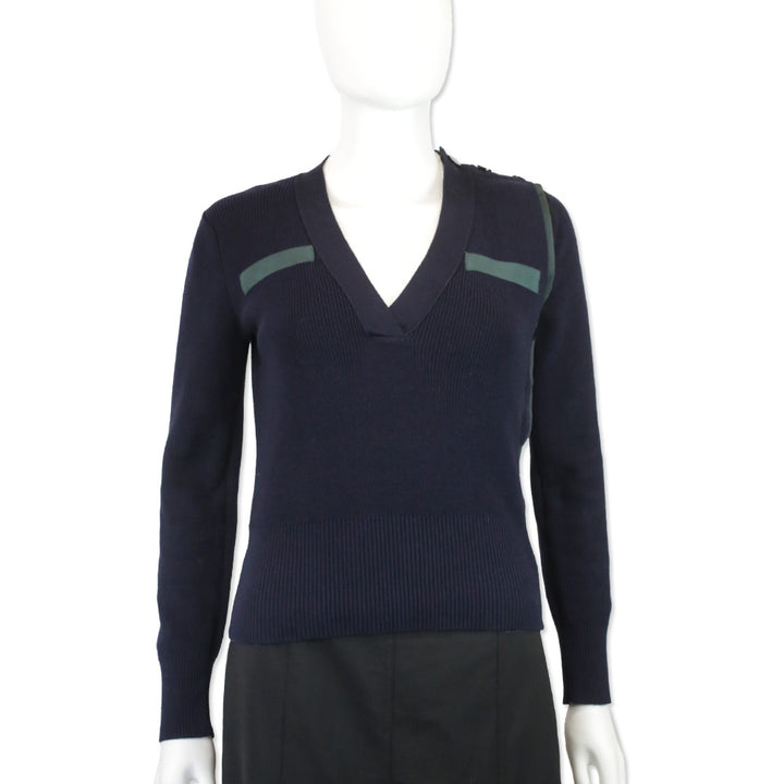 Sacai Navy Cotton Ribbed Knit V-Neck Commando Sweater with Green Ribbon Accents