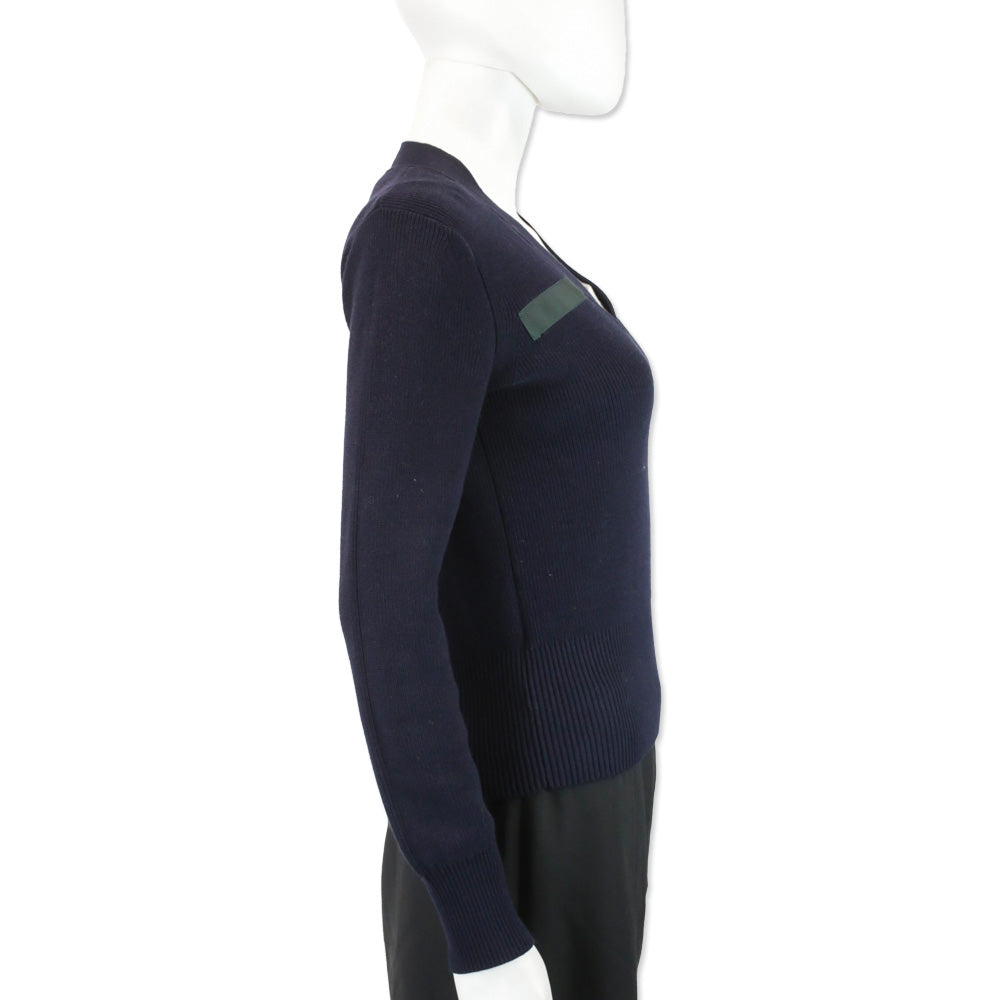 Sacai Navy Cotton Ribbed Knit V-Neck Commando Sweater with Green Ribbon Accents