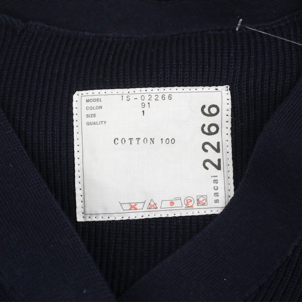 Sacai Navy Cotton Ribbed Knit V-Neck Commando Sweater with Green Ribbon Accents