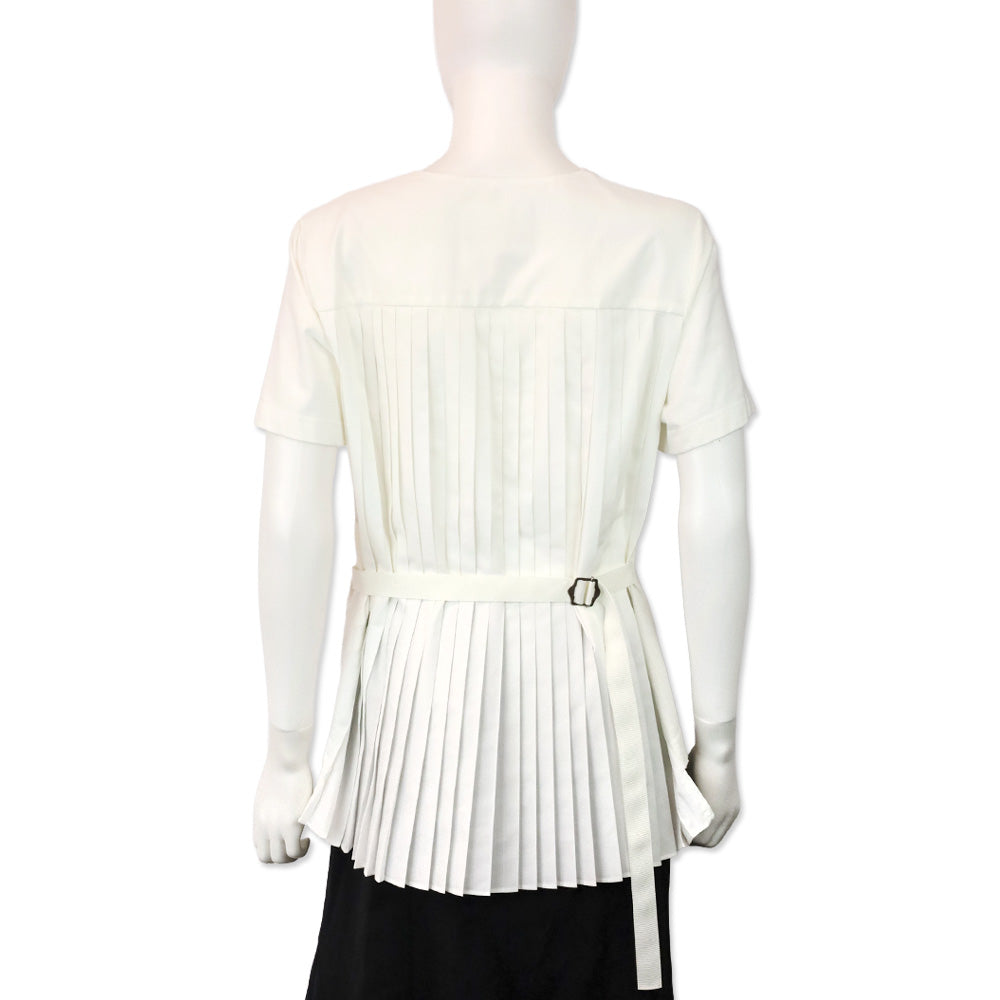 Sacai White Cotton Pleated Back Belted Waist T-Shirt