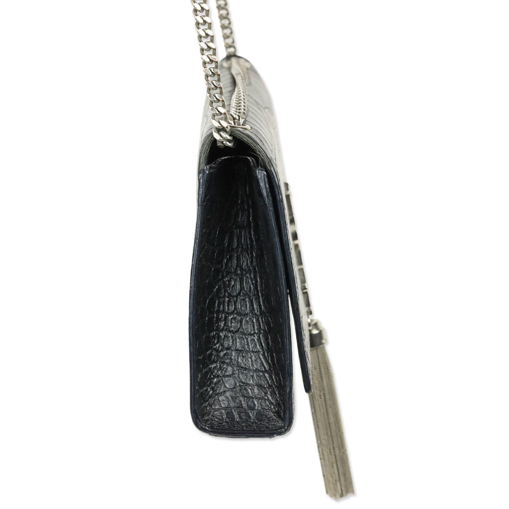 Saint Laurent Black Crocodile-Embossed Leather Silver Tassel Medium Kate Shoulder Bag