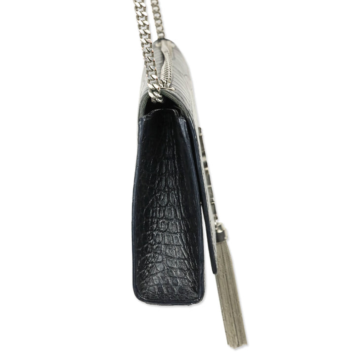 Saint Laurent Black Crocodile-Embossed Leather Silver Tassel Medium Kate Shoulder Bag