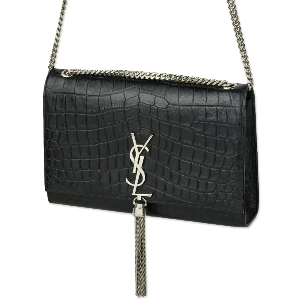 Saint Laurent Black Crocodile-Embossed Leather Silver Tassel Medium Kate Shoulder Bag
