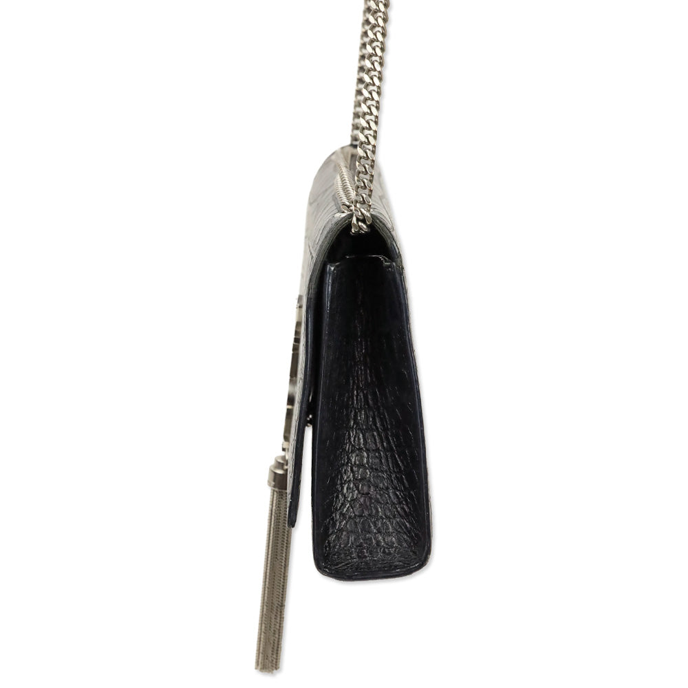 Saint Laurent Black Crocodile-Embossed Leather Silver Tassel Medium Kate Shoulder Bag