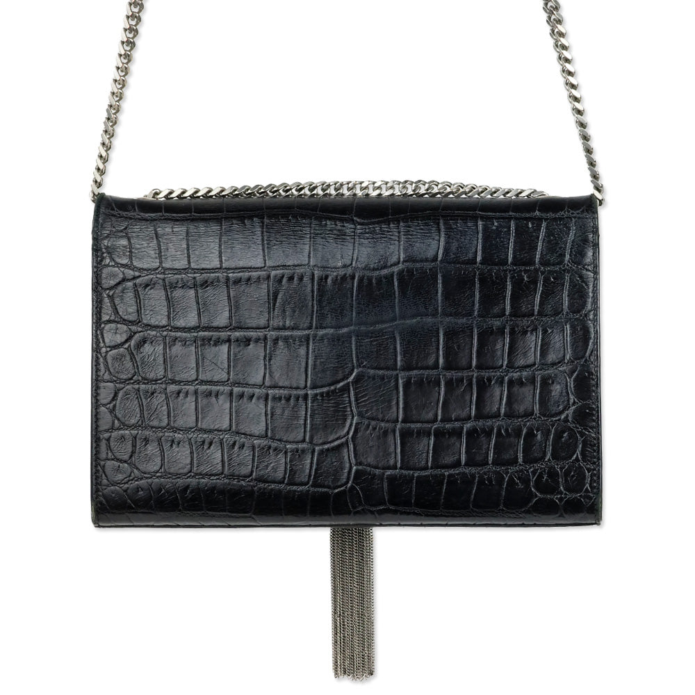 Saint Laurent Black Crocodile-Embossed Leather Silver Tassel Medium Kate Shoulder Bag