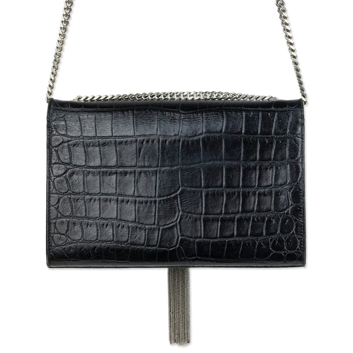 Saint Laurent Black Crocodile-Embossed Leather Silver Tassel Medium Kate Shoulder Bag
