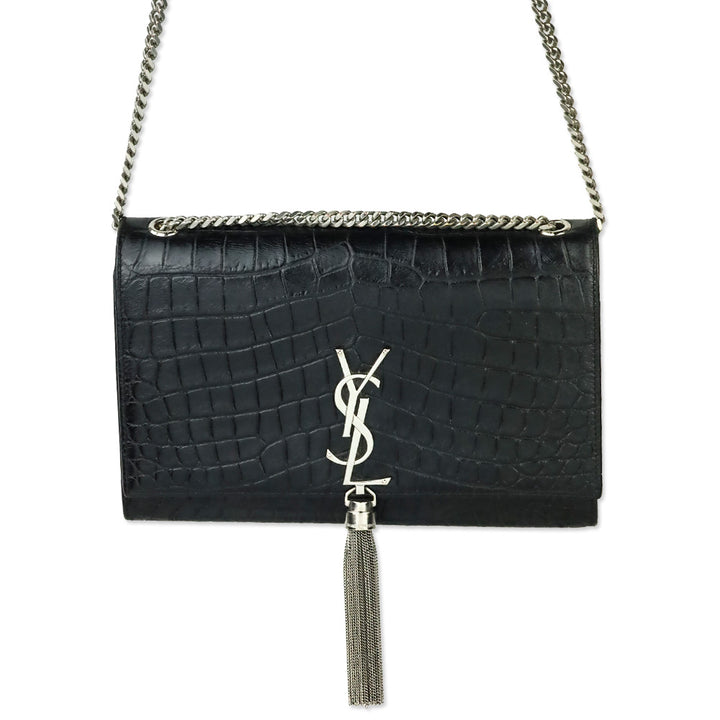 Saint Laurent Black Crocodile-Embossed Leather Silver Tassel Medium Kate Shoulder Bag