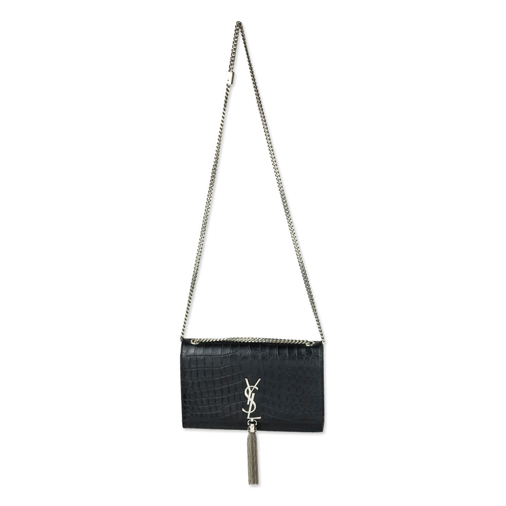 Saint Laurent Black Crocodile-Embossed Leather Silver Tassel Medium Kate Shoulder Bag