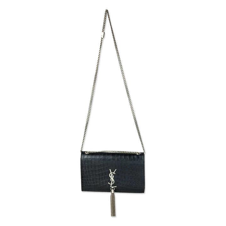 Saint Laurent Black Crocodile-Embossed Leather Silver Tassel Medium Kate Shoulder Bag