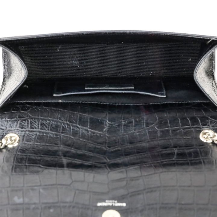 Saint Laurent Black Crocodile-Embossed Leather Silver Tassel Medium Kate Shoulder Bag