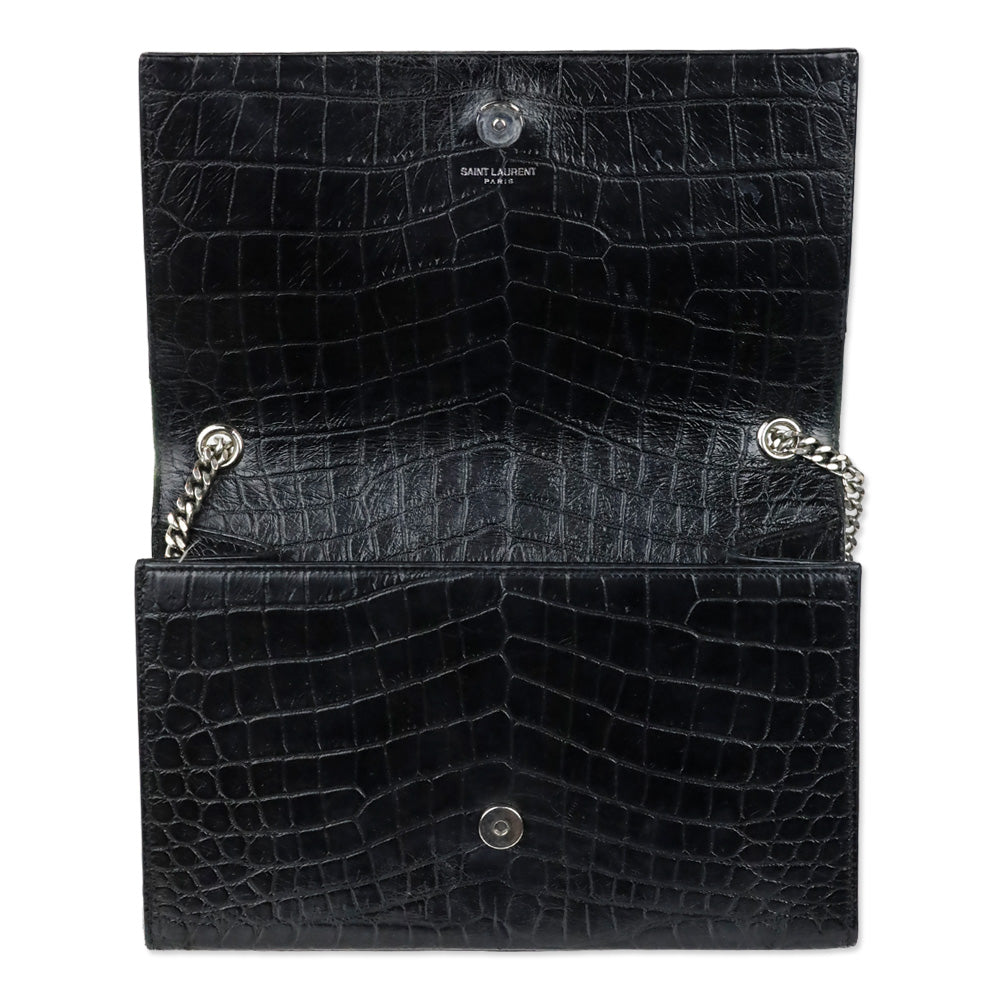 Saint Laurent Black Crocodile-Embossed Leather Silver Tassel Medium Kate Shoulder Bag