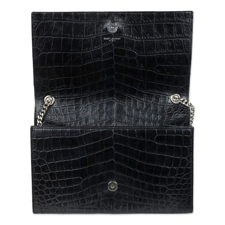 Saint Laurent Black Crocodile-Embossed Leather Silver Tassel Medium Kate Shoulder Bag