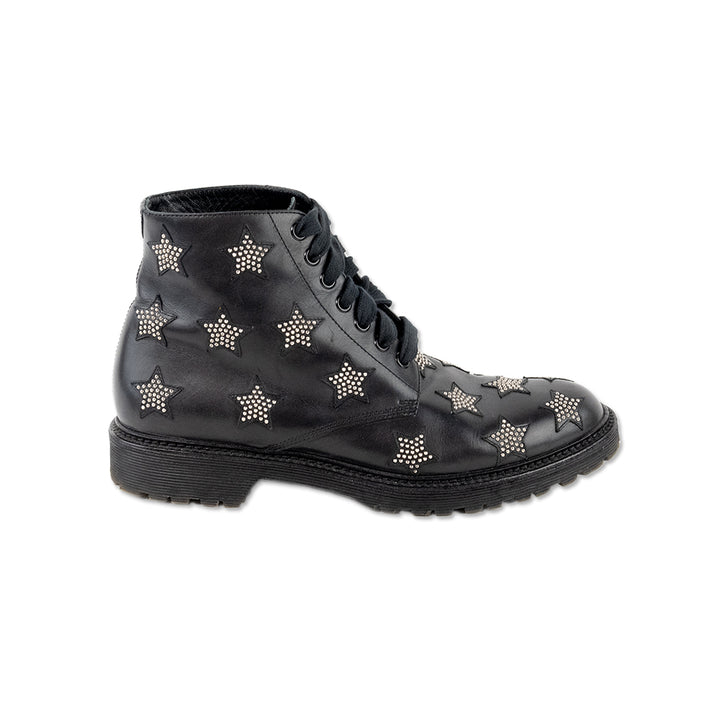 Saint Laurent Black Leather Lace up Star Studded Boots