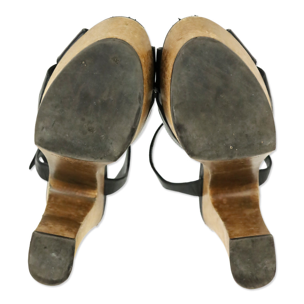 Saint Laurent Black Leather Wood Platform Candy Sandals