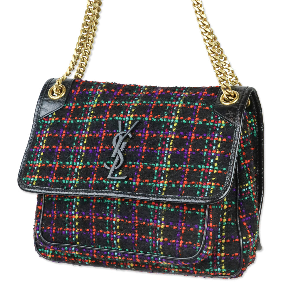 Saint Laurent Black Multicolor Tweed Niki Flap Shoulder Bag