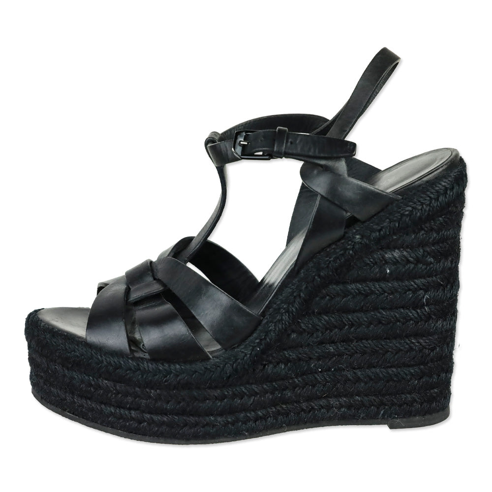 Saint Laurent Black Smooth Leather Tribute Espadrille Wedge Sandal