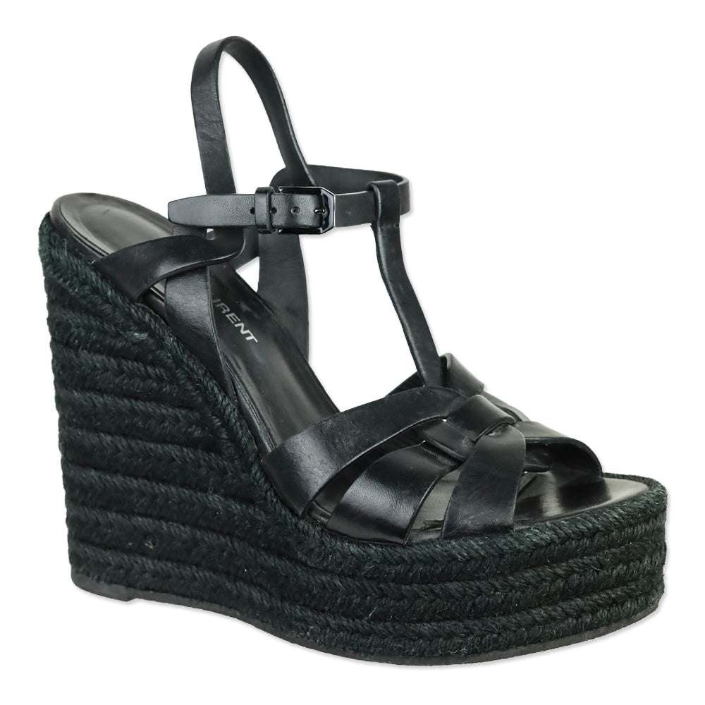 Saint Laurent Black Smooth Leather Tribute Espadrille Wedge Sandal