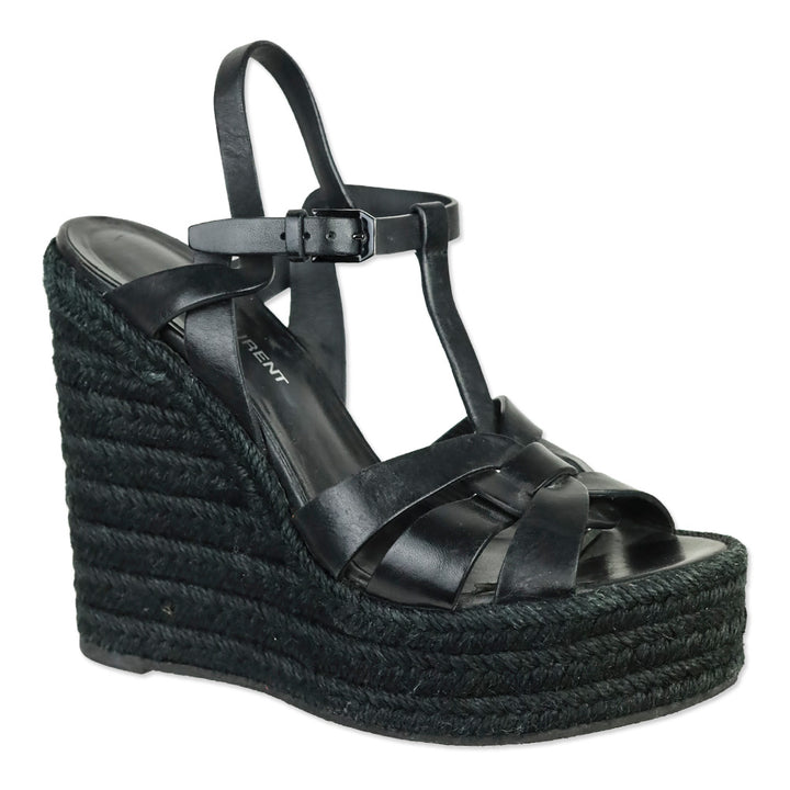 Saint Laurent Black Smooth Leather Tribute Espadrille Wedge Sandal