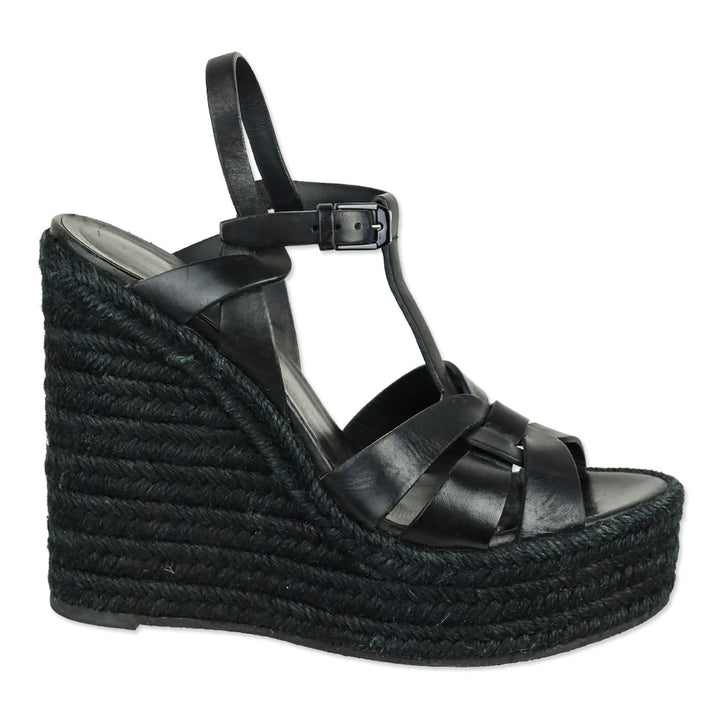 Saint Laurent Black Smooth Leather Tribute Espadrille Wedge Sandal