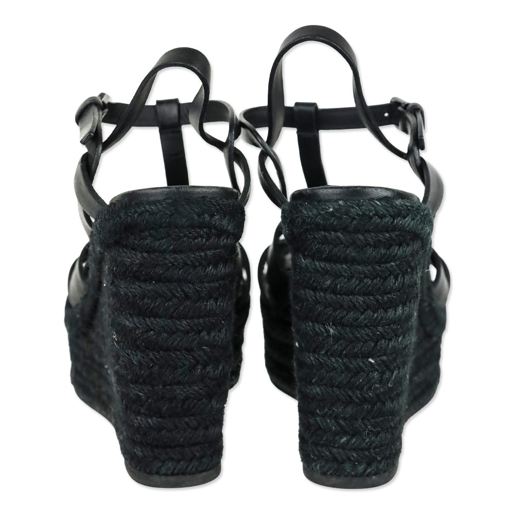Saint Laurent Black Smooth Leather Tribute Espadrille Wedge Sandal