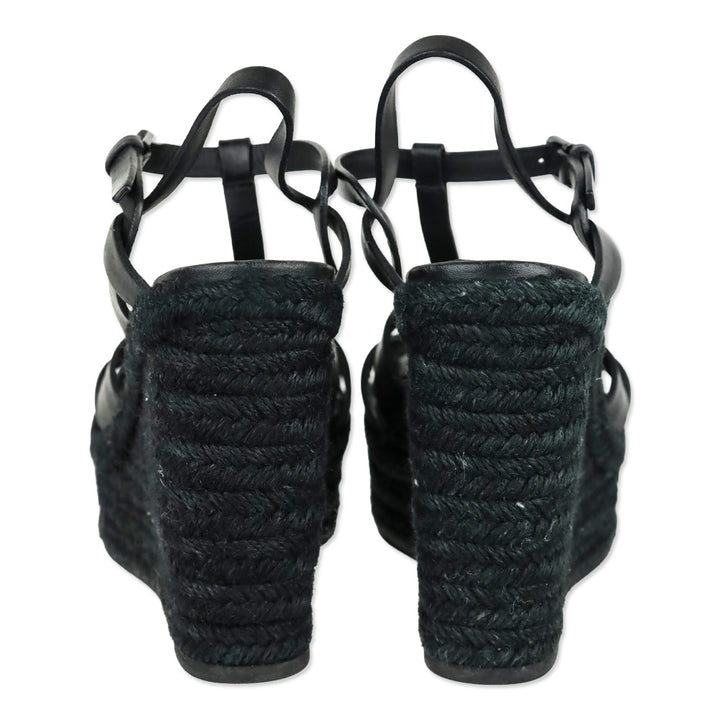 Saint Laurent Black Smooth Leather Tribute Espadrille Wedge Sandal
