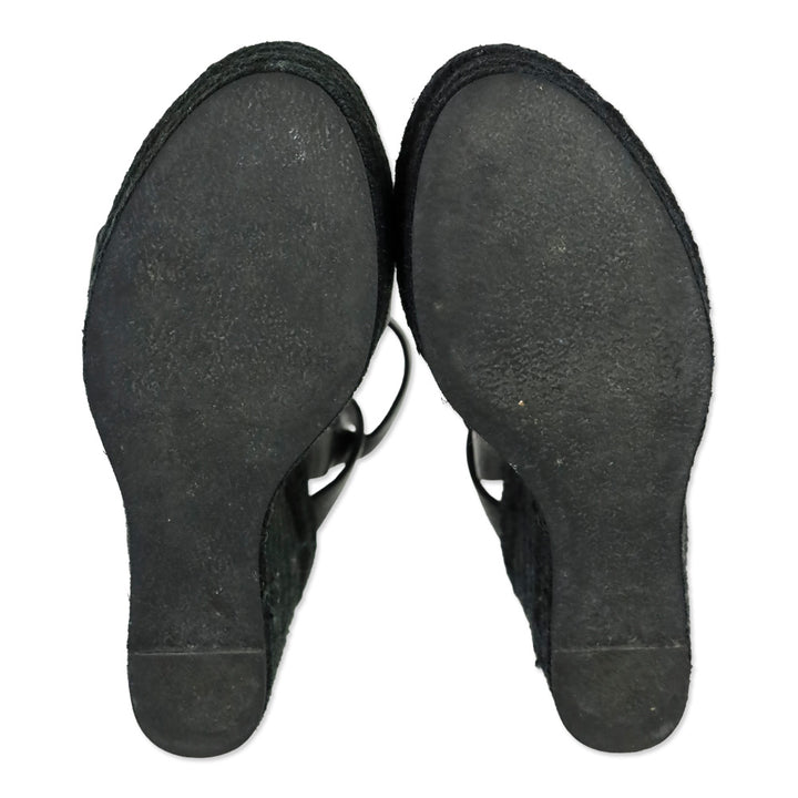 Saint Laurent Black Smooth Leather Tribute Espadrille Wedge Sandal