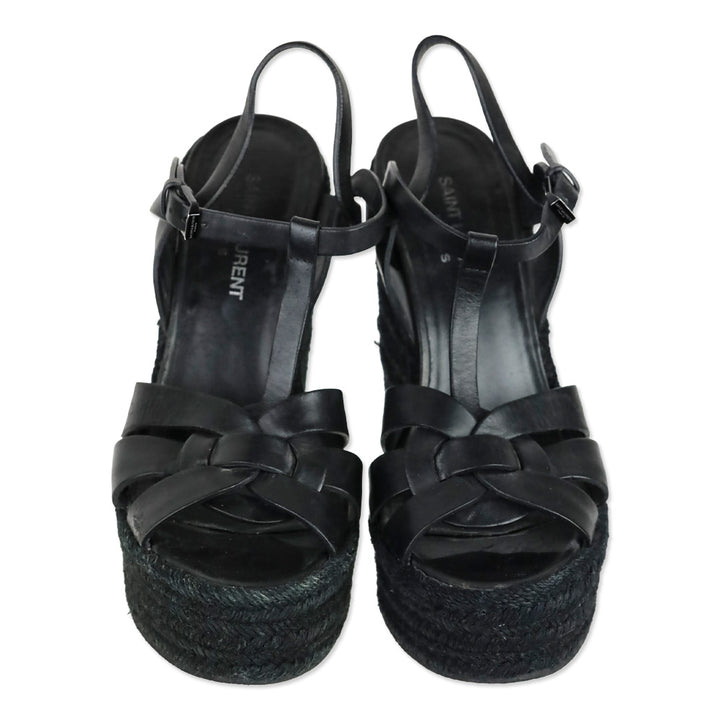 Saint Laurent Black Smooth Leather Tribute Espadrille Wedge Sandal