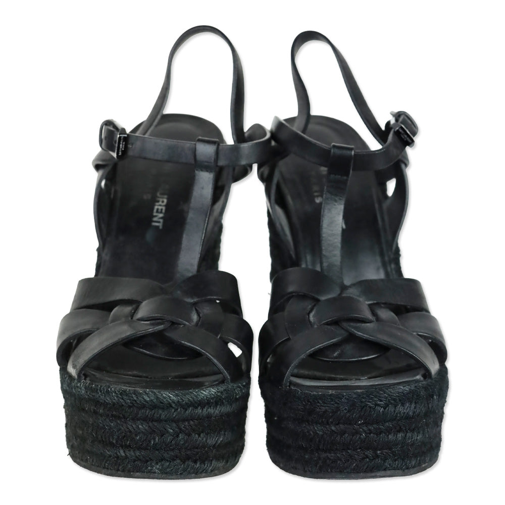 Saint Laurent Black Smooth Leather Tribute Espadrille Wedge Sandal