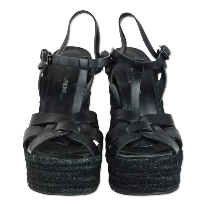 Saint Laurent Black Smooth Leather Tribute Espadrille Wedge Sandal