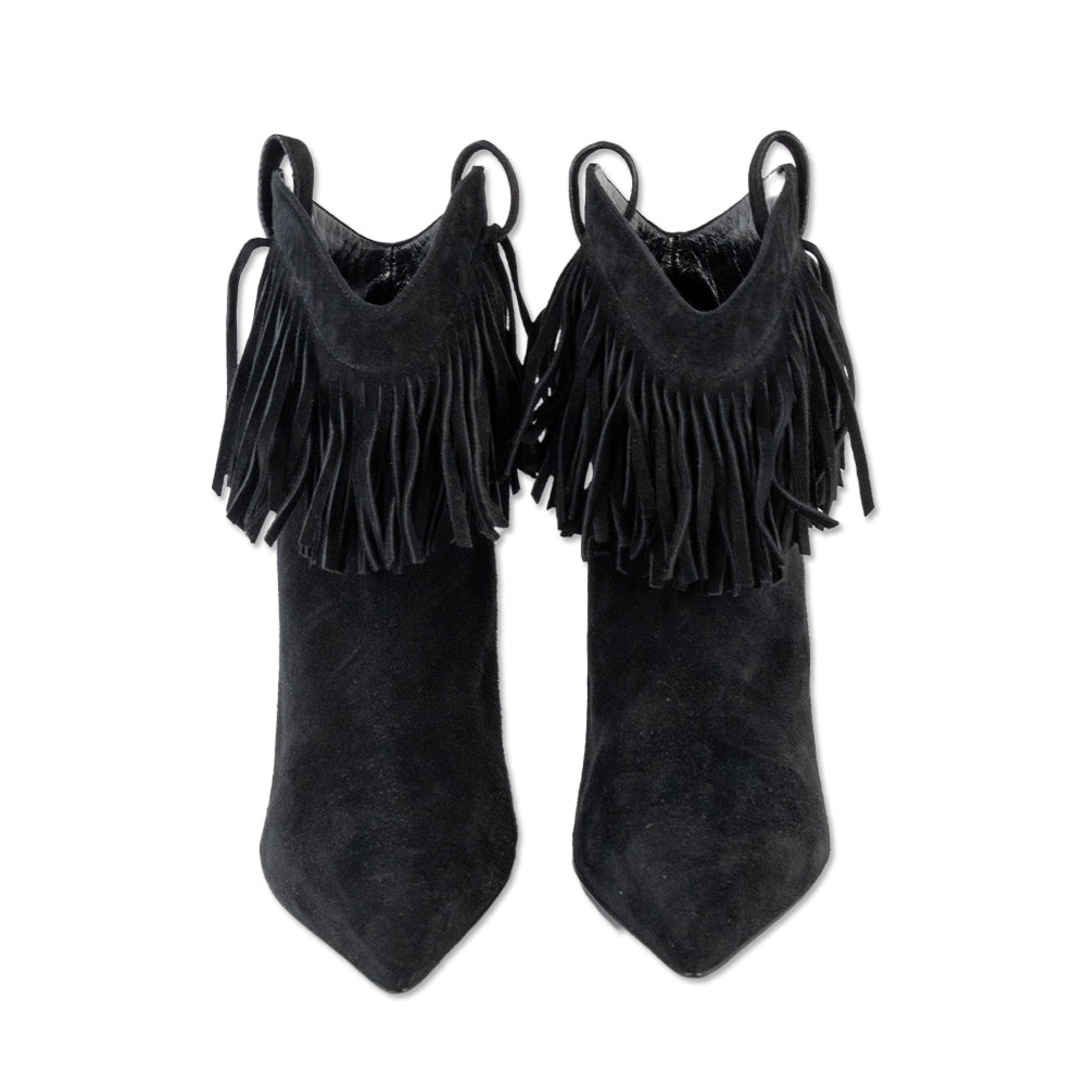 Saint Laurent Black Suede Fringed Stiletto Ankle Booties