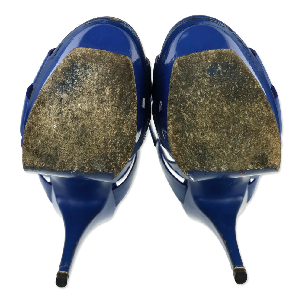 Saint Laurent Bleu Majorelle Vernice Leather 105MM Tribute Platform Sandals