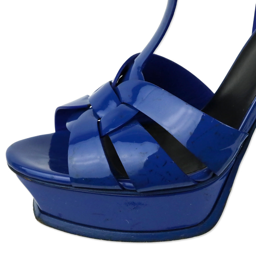 Saint Laurent Bleu Majorelle Vernice Leather 105MM Tribute Platform Sandals