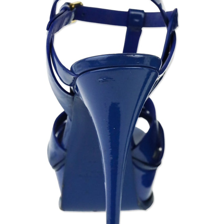 Saint Laurent Bleu Majorelle Vernice Leather 105MM Tribute Platform Sandals