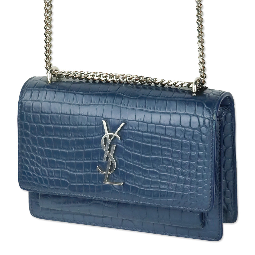 Saint Laurent Blue Crocodile-Embossed Leather Mini Sunset Chain Bag