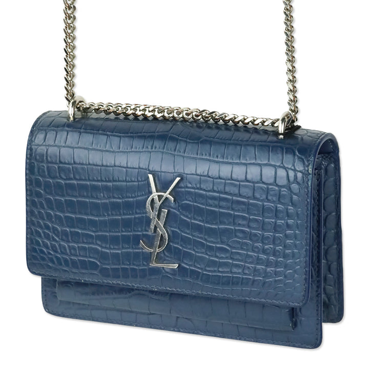 Saint Laurent Blue Crocodile-Embossed Leather Mini Sunset Chain Bag