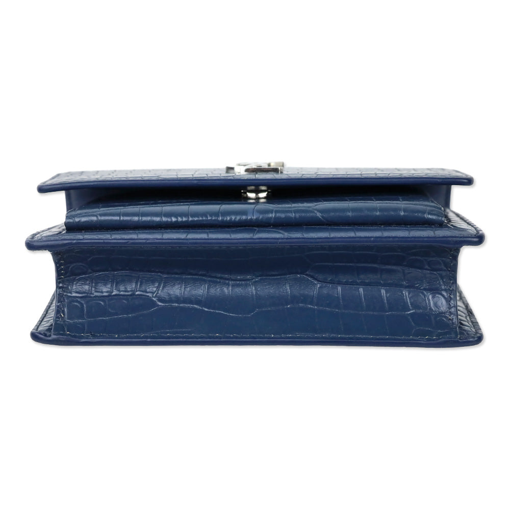 Saint Laurent Blue Crocodile-Embossed Leather Mini Sunset Chain Bag