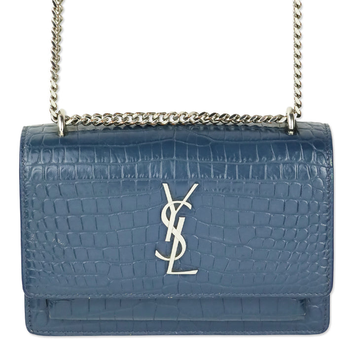 Saint Laurent Blue Crocodile-Embossed Leather Mini Sunset Chain Bag