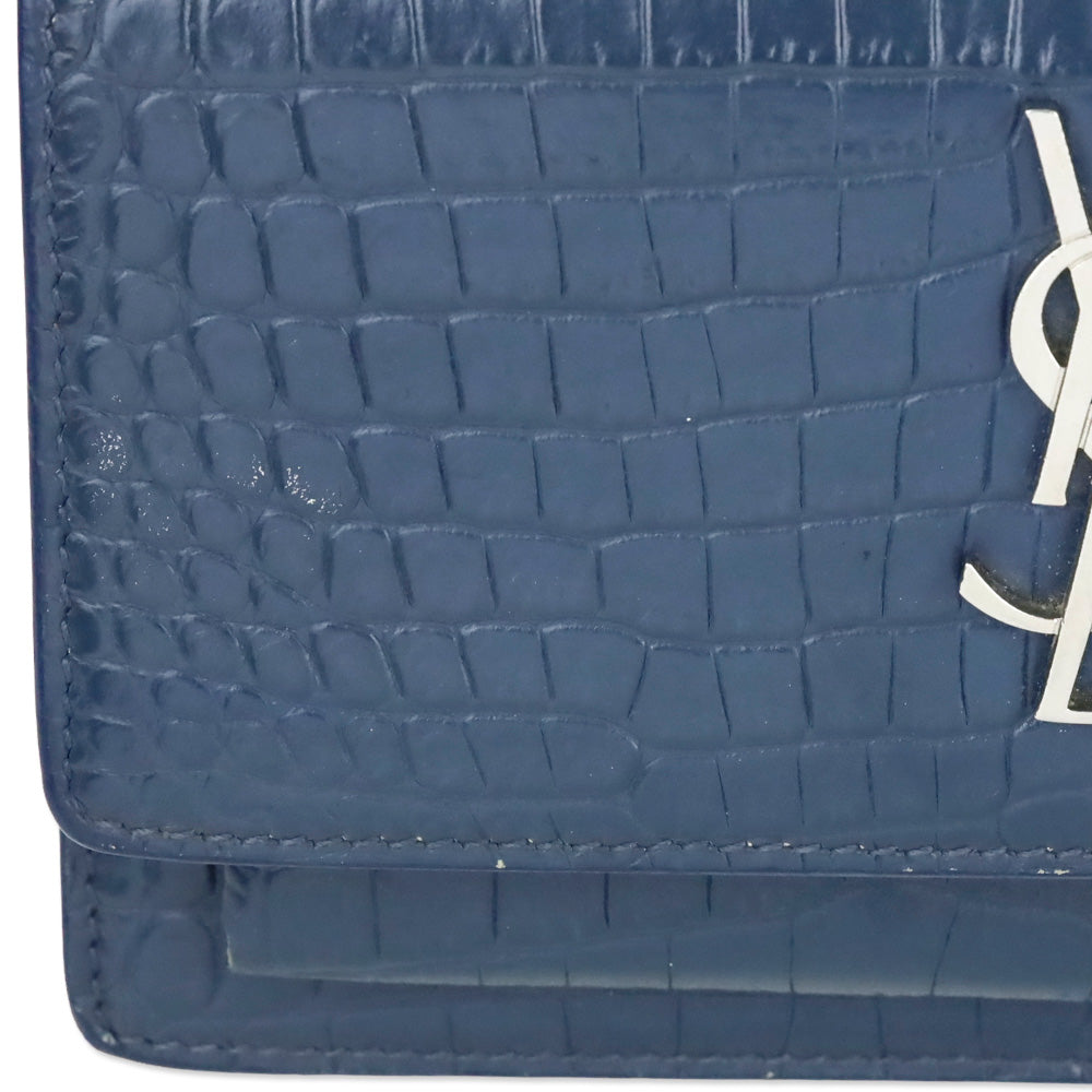 Saint Laurent Blue Crocodile-Embossed Leather Mini Sunset Chain Bag